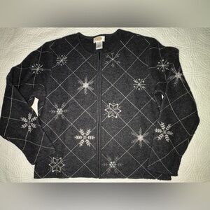 Vintage Talbots Wool Cardigan Charcoal with Snowflake Details Large